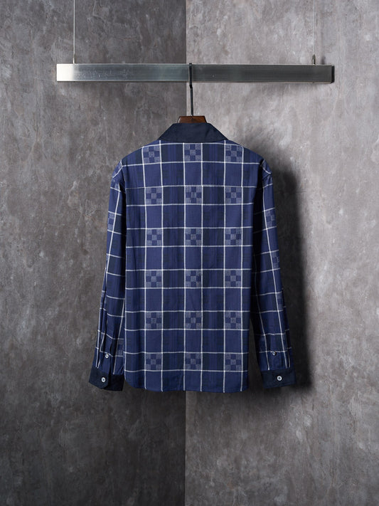 1V Flannel Collar Embroidered Logo Blue Check Lapel Long Sleeve Shirt