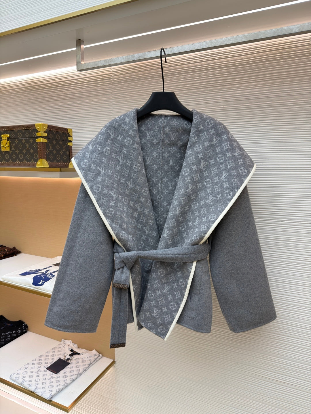 LV Wool Belt Wrap-Up Hooded Mid length Coat Reversible Women's