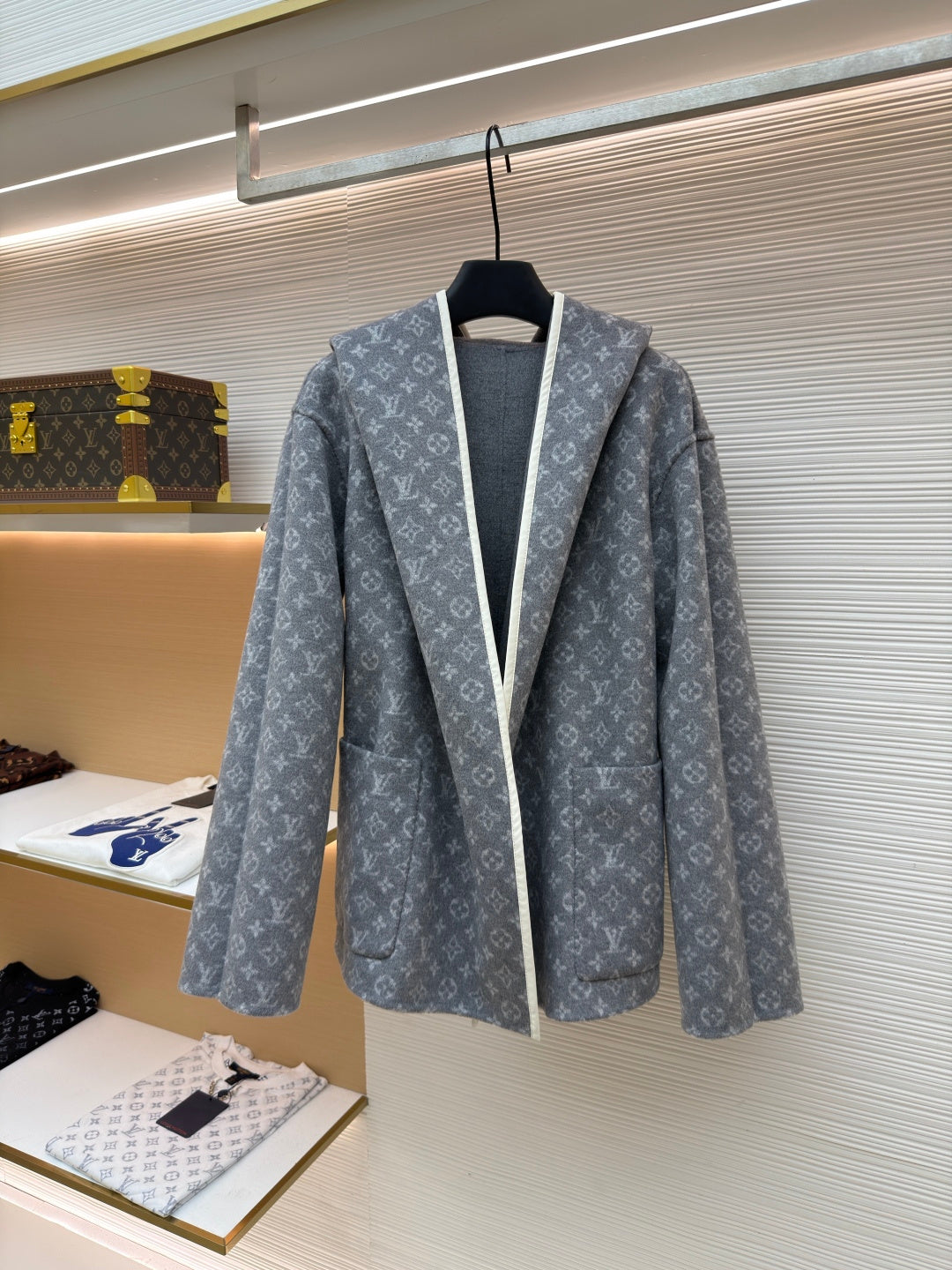 LV Wool Belt Wrap-Up Hooded Mid length Coat Reversible Women's
