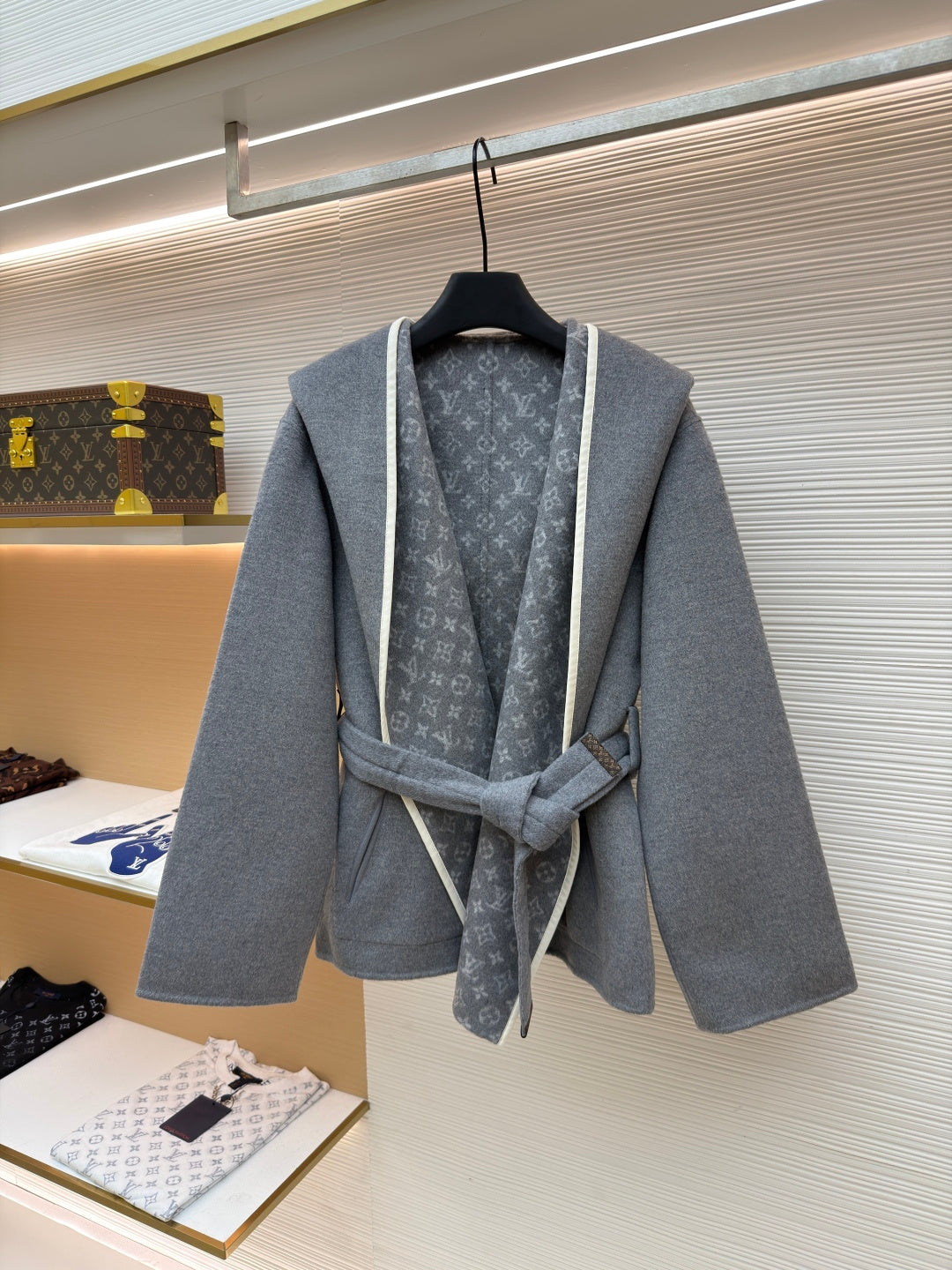 LV Wool Belt Wrap-Up Hooded Mid length Coat Reversible Women's