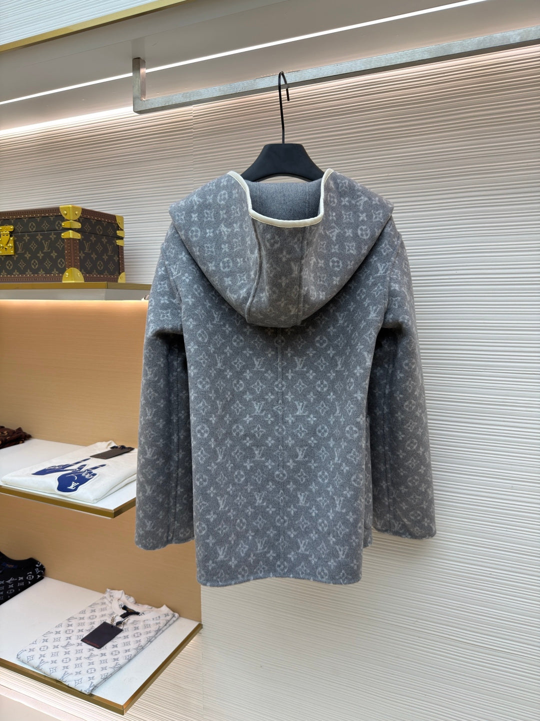 LV Wool Belt Wrap-Up Hooded Mid length Coat Reversible Women's