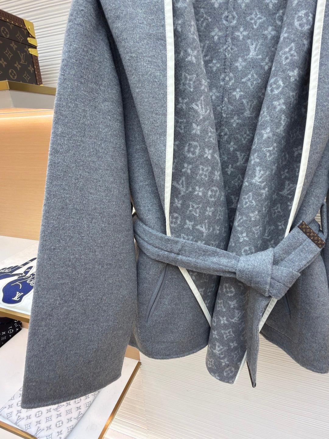 LV Wool Belt Wrap-Up Hooded Mid length Coat Reversible Women's