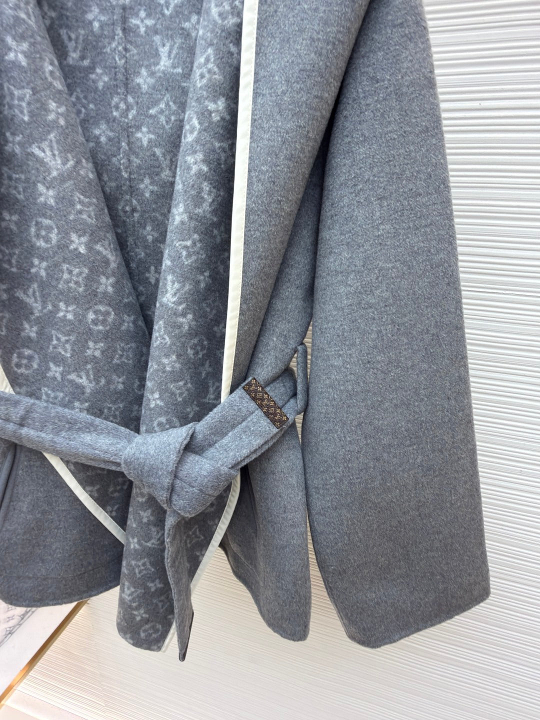 LV Wool Belt Wrap-Up Hooded Mid length Coat Reversible Women's