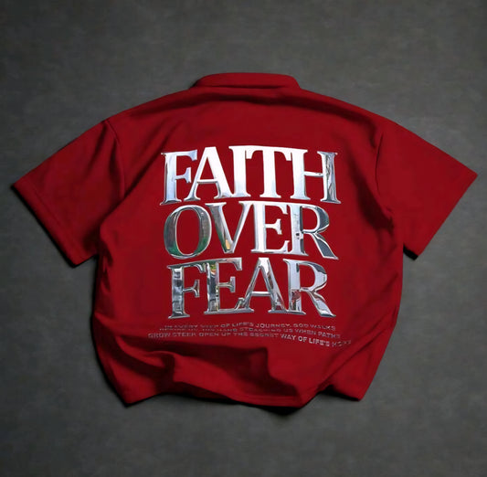 Red Zip-Up Shirt with 'Faith Over Fear' Graphic