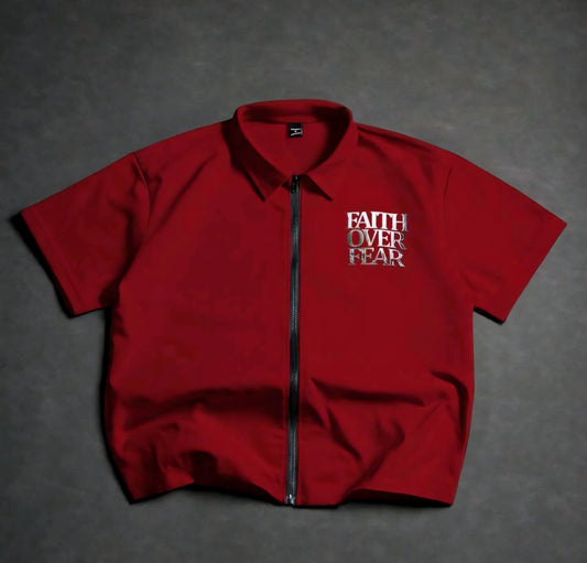 Red Zip-Up Shirt with 'Faith Over Fear' Graphic