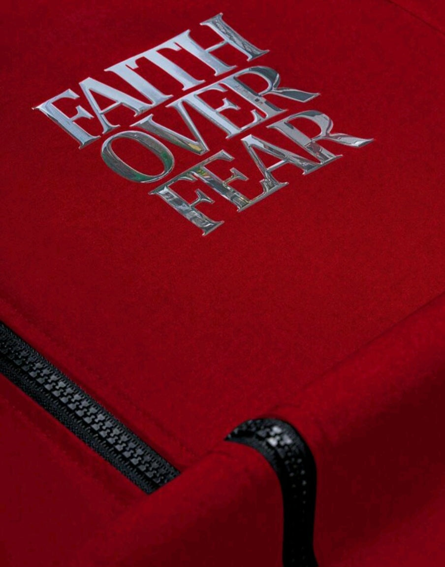 Red Zip-Up Shirt with 'Faith Over Fear' Graphic