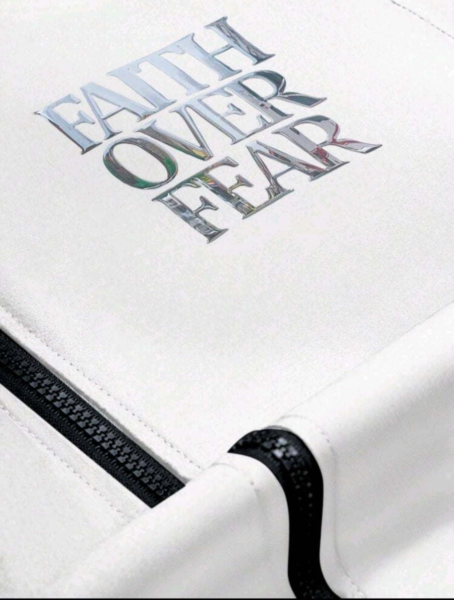 White Short Sleeve Men's Zip Up Faith Over Fear shirt Medium / Pants ( Optional)