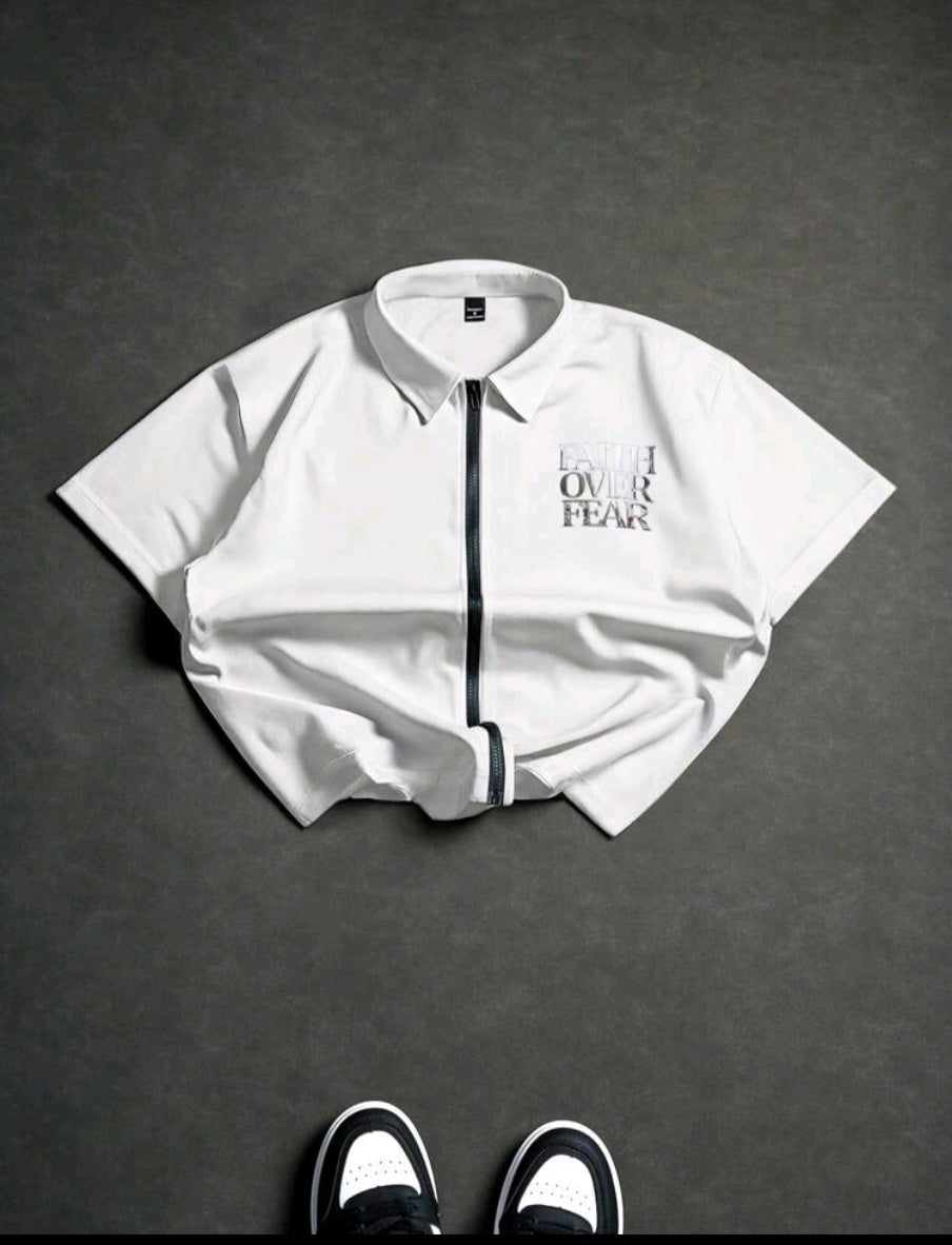 White Short Sleeve Men's Zip Up Faith Over Fear shirt Medium / Pants ( Optional)