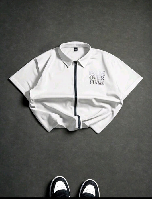 White Short Sleeve Men's Zip Up Faith Over Fear shirt Medium / Pants ( Optional)
