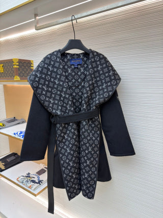 LV Wool Belt Wrap-Up Hooded Long length Coat Reversible Women's