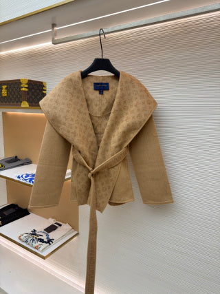 LV Wool Belt Wrap-Up Hooded Long length Coat Reversible Women's