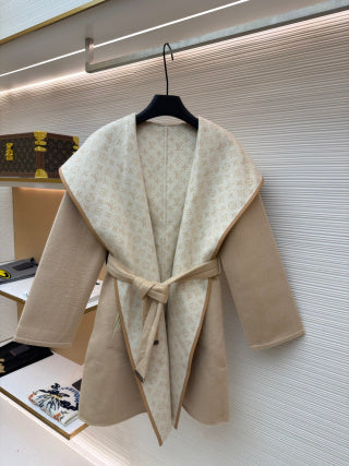 LV Wool Belt Wrap-Up Hooded Long length Coat Reversible Women's