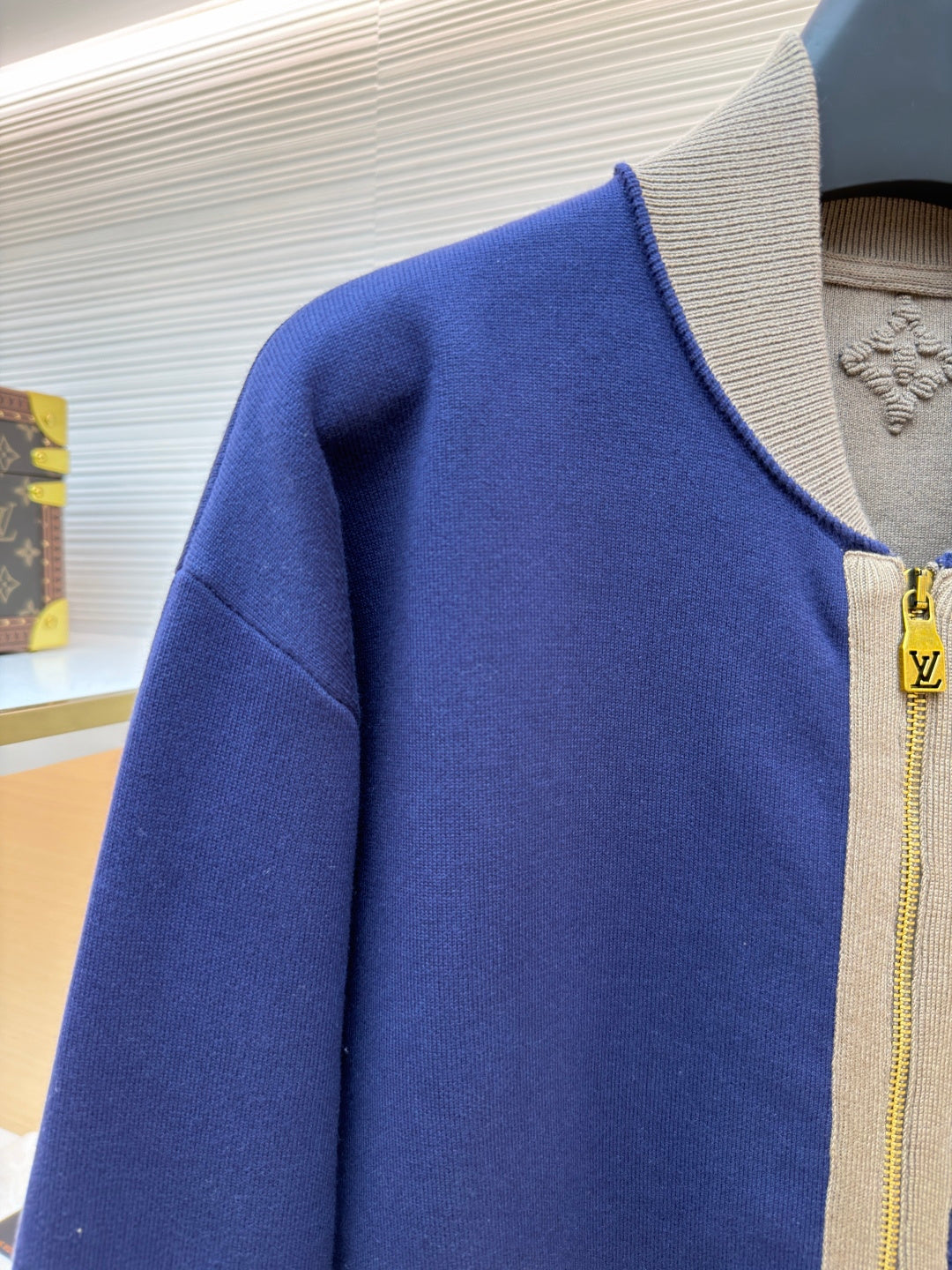 LV Letter Badge Color Block Knit Bomber Jacket