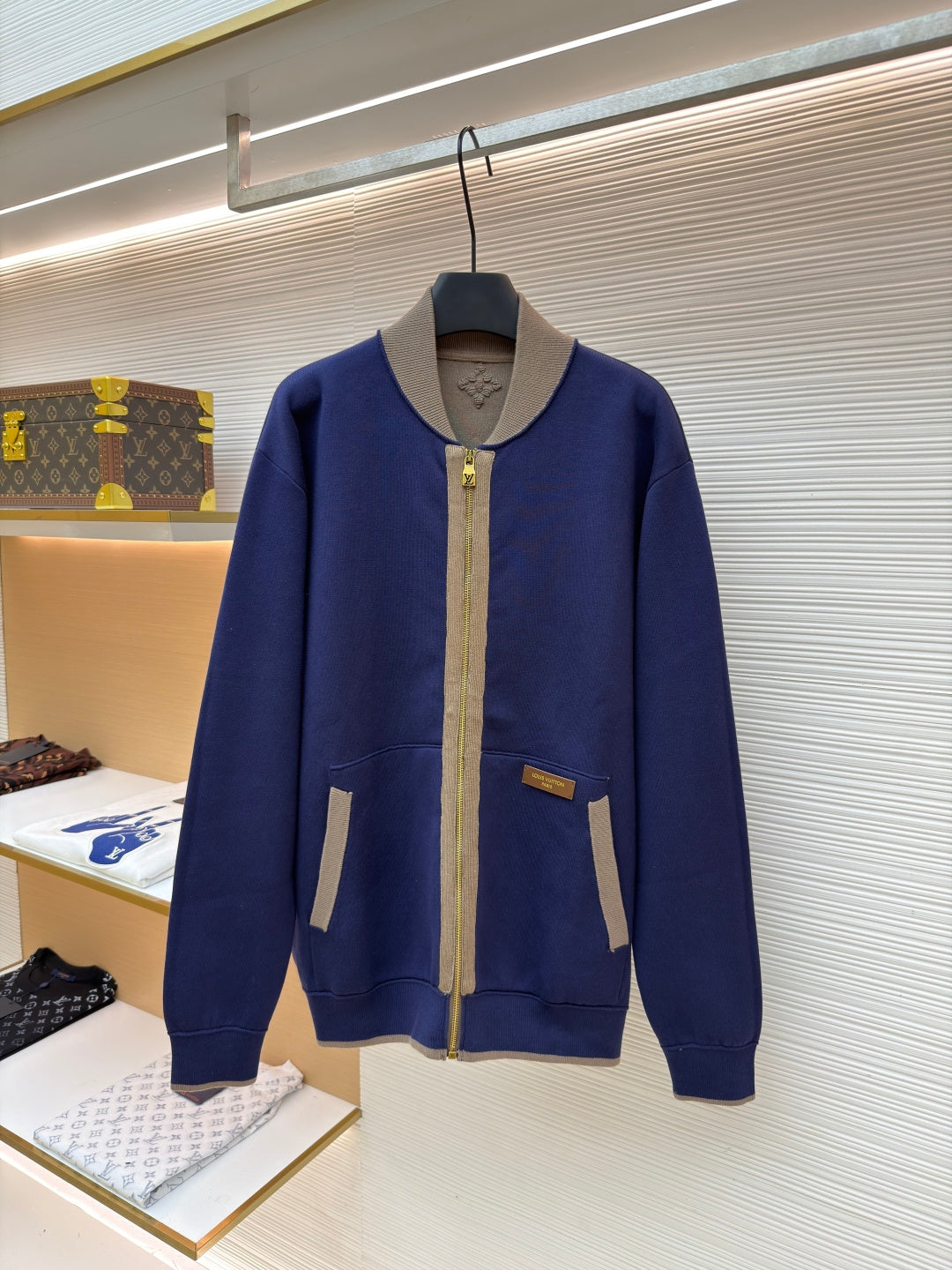 LV Letter Badge Color Block Knit Bomber Jacket