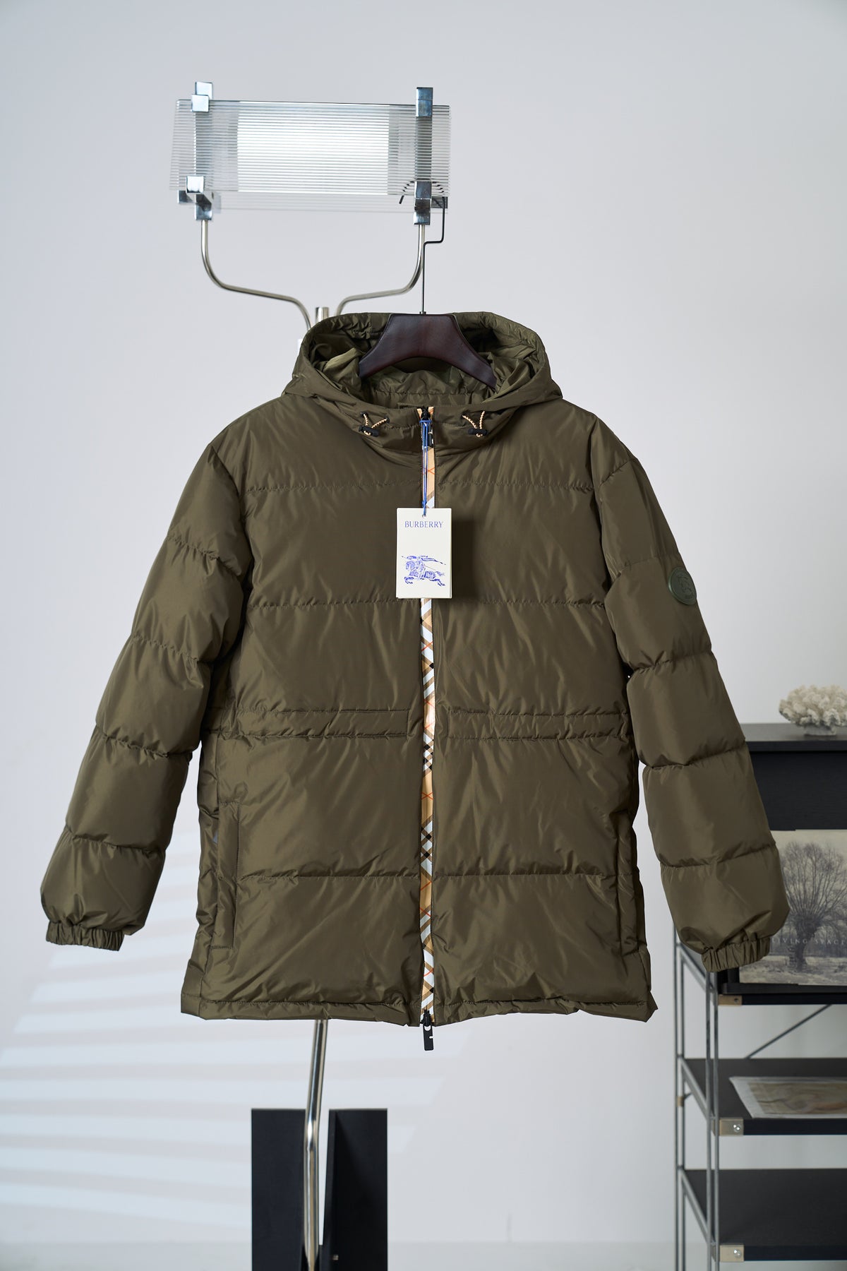 Burberry Plaid Med Length Hooded Down Jacket - Women's