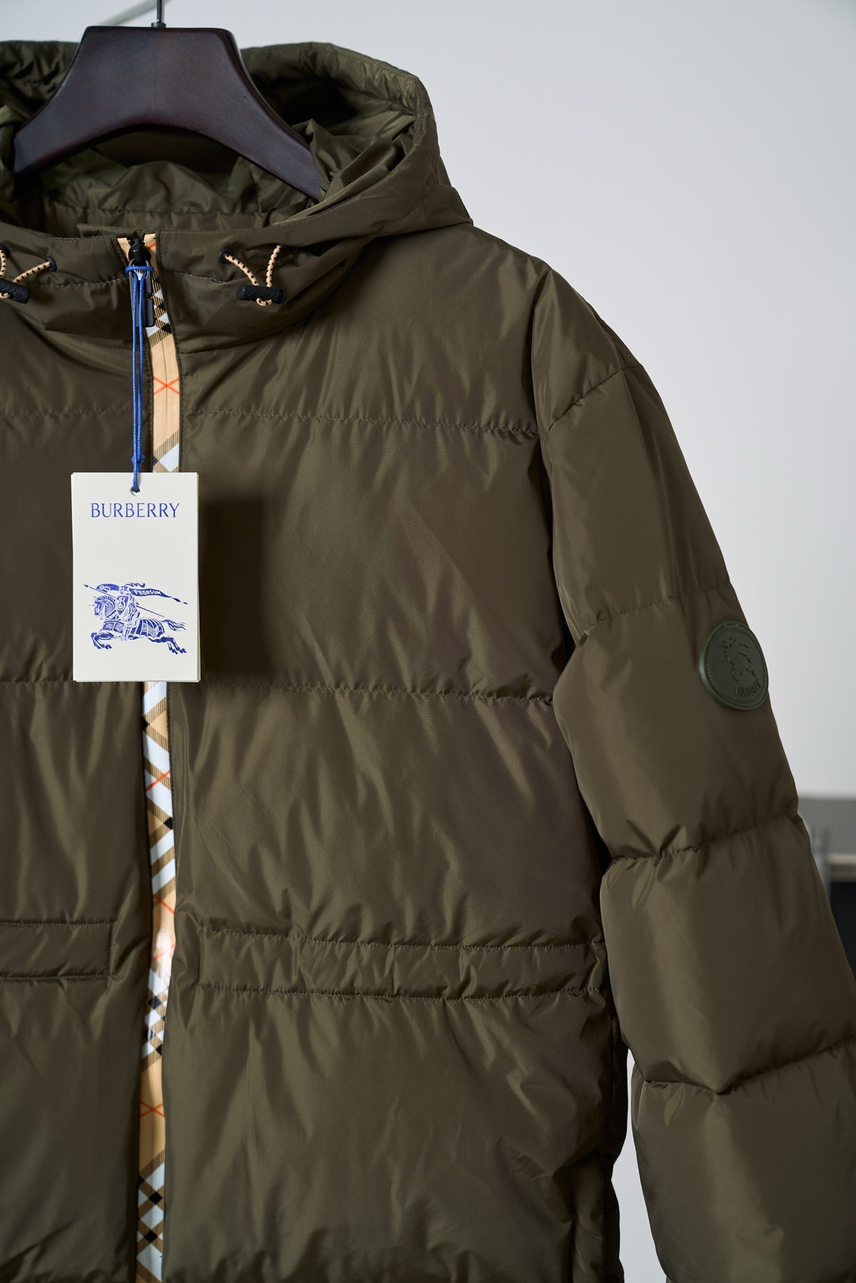 Burberry Plaid Med Length Hooded Down Jacket - Women's