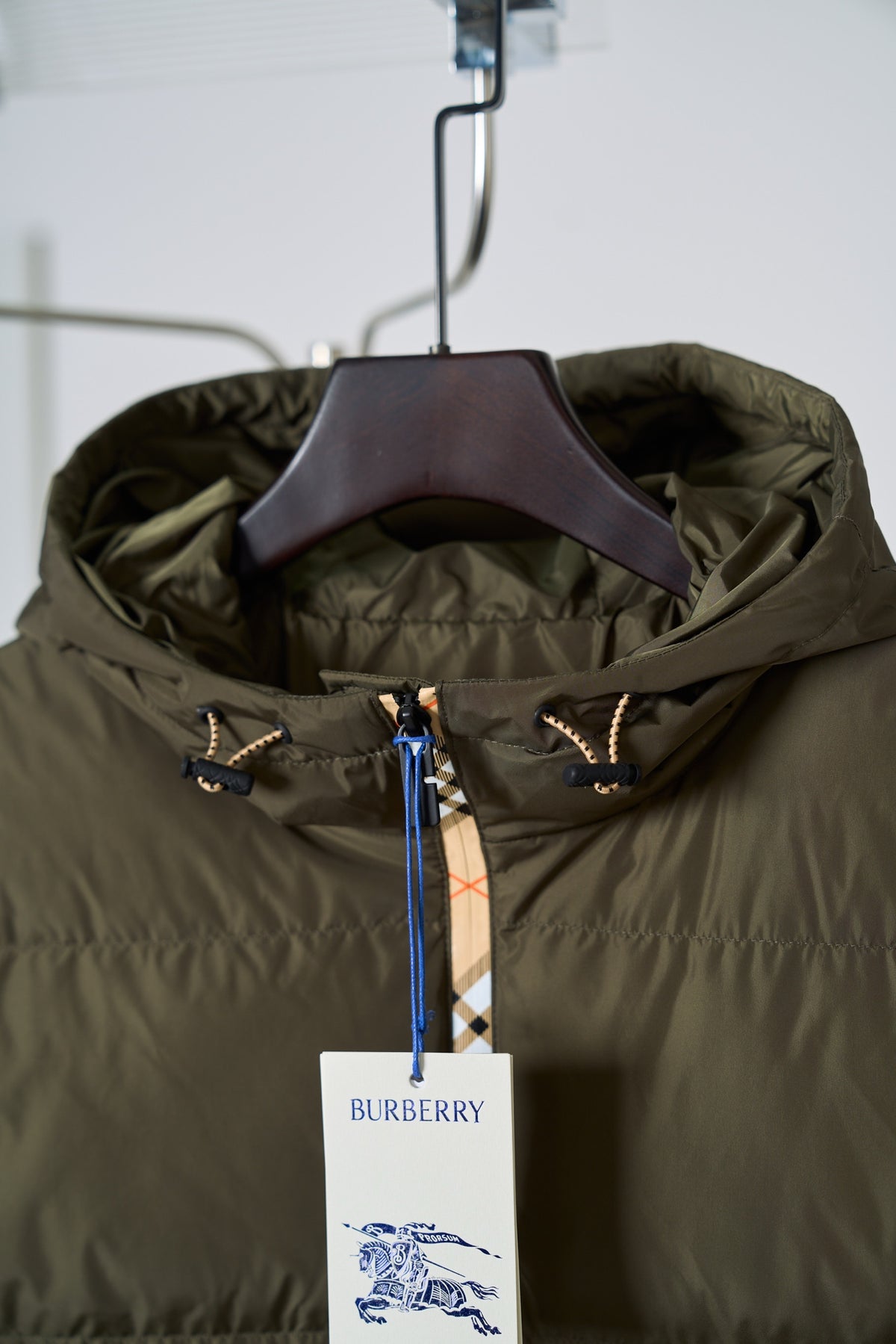 Burberry Plaid Med Length Hooded Down Jacket - Women's