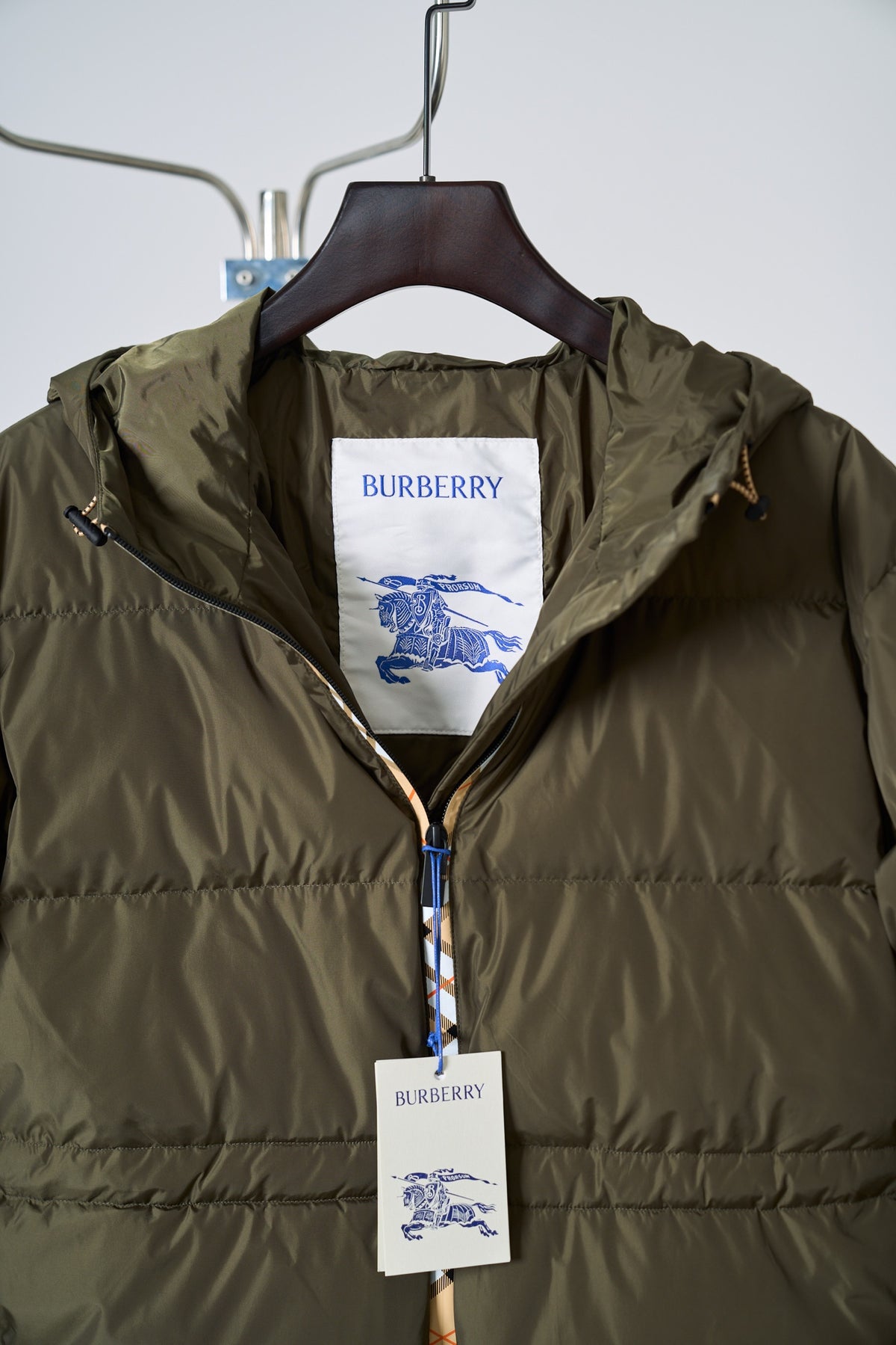 Burberry Plaid Med Length Hooded Down Jacket - Women's