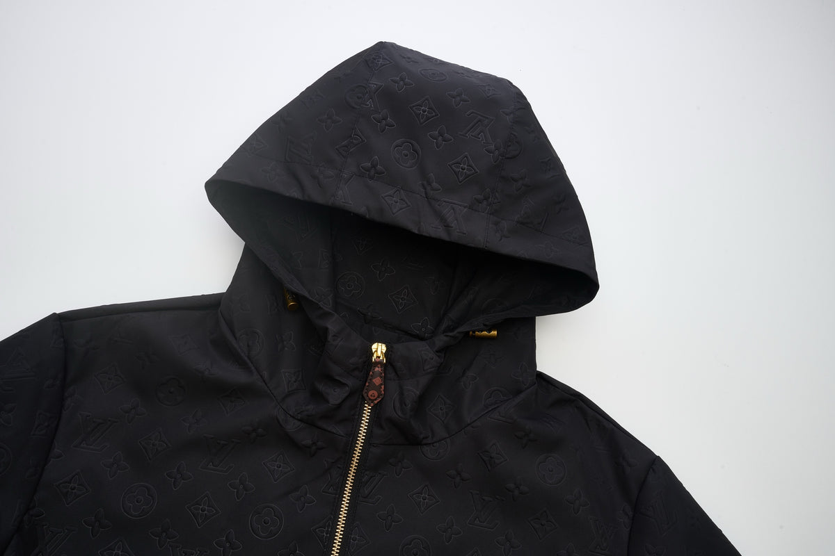 LV 2026 New 3D Embossed Textured Leather Zipper Hooded Jacket