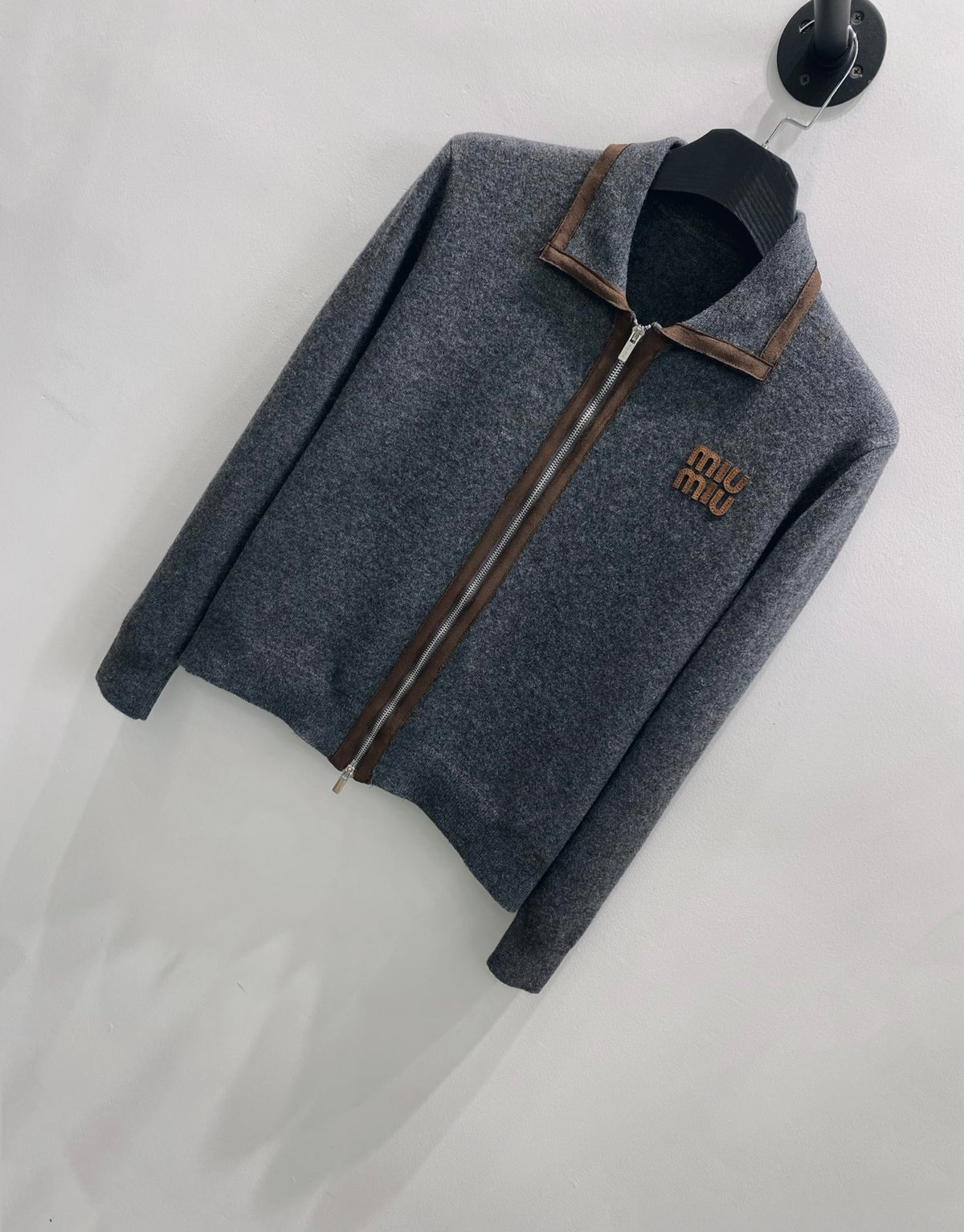 Miu Miu Wool Blend Knit Suede Patchwork Zip-Up Cardigan Women's