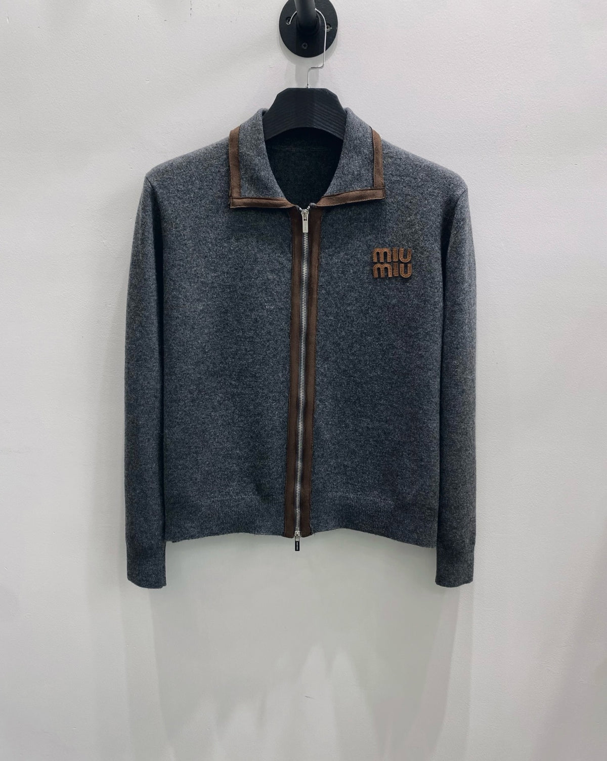 Miu Miu Wool Blend Knit Suede Patchwork Zip-Up Cardigan Women's