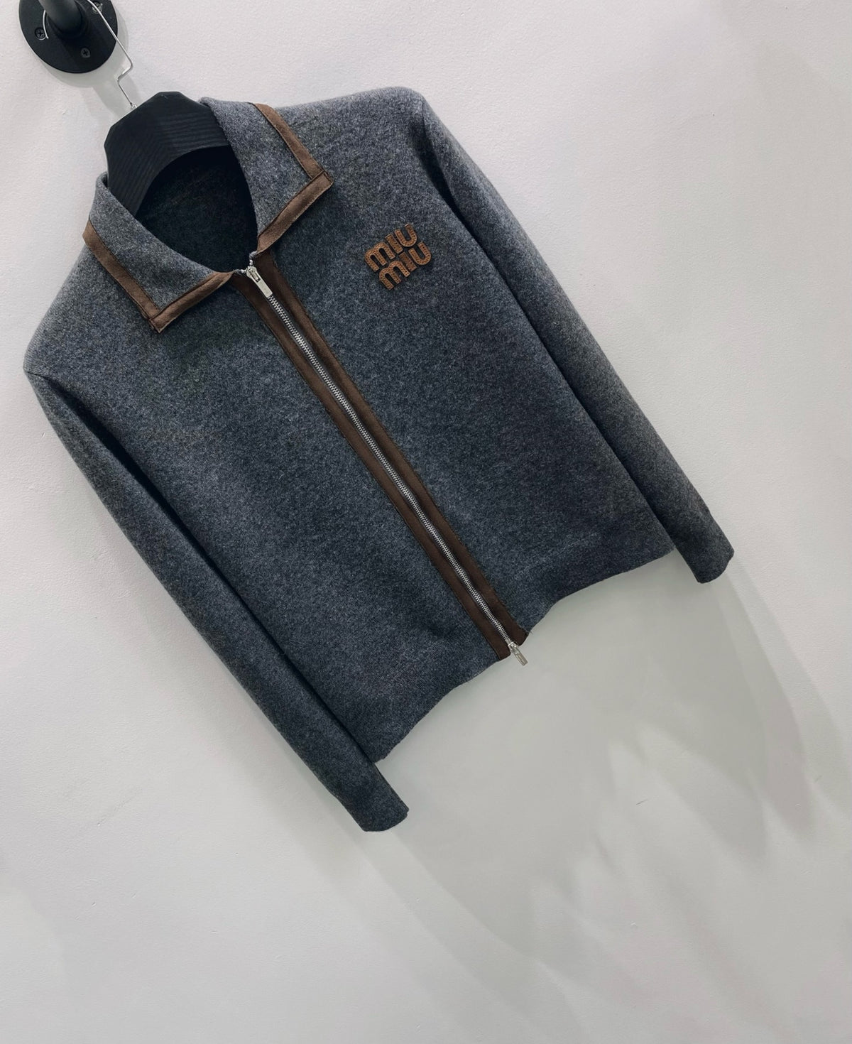 Miu Miu Wool Blend Knit Suede Patchwork Zip-Up Cardigan Women's