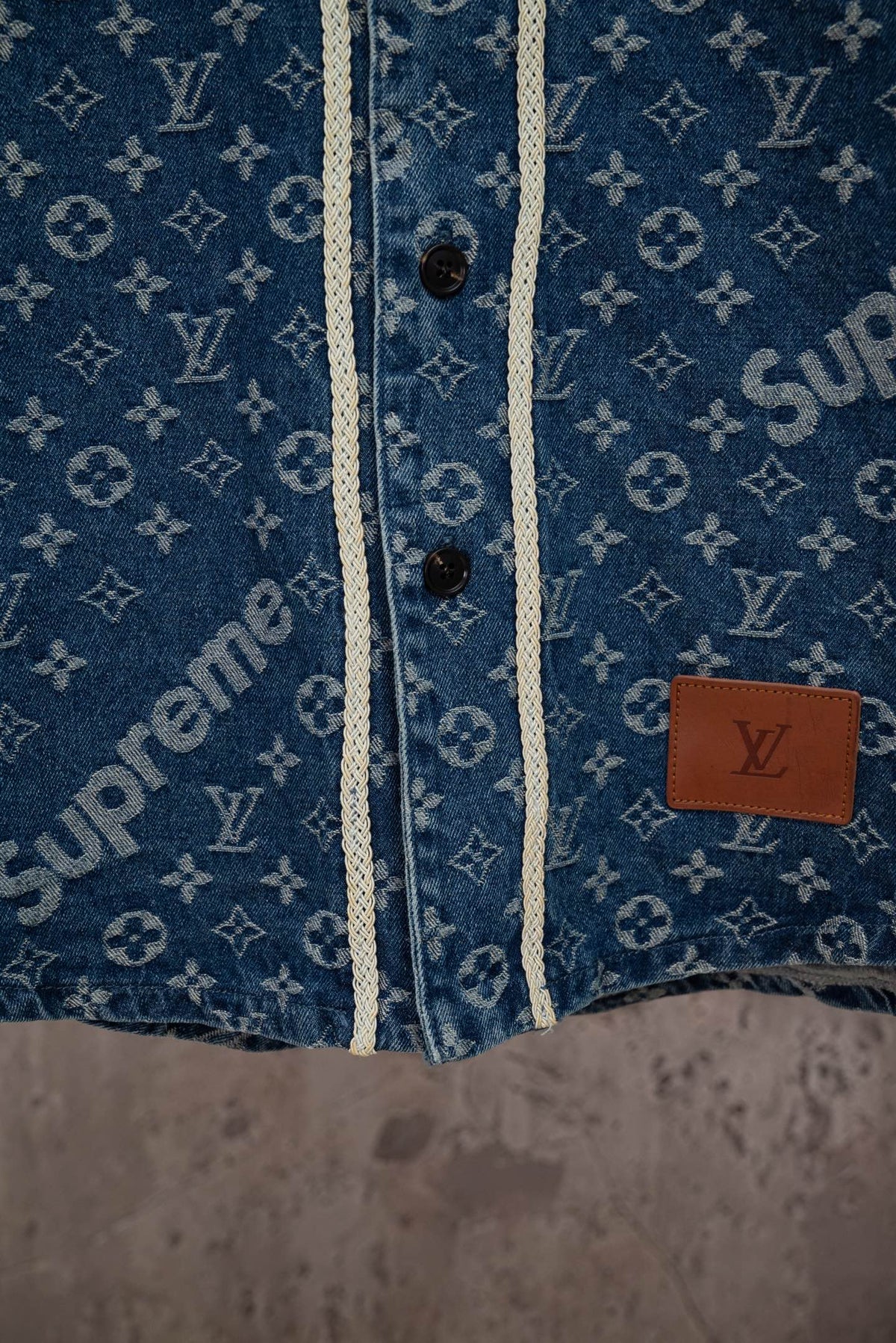 LV x Supreme Collab Short Sleeve Denim Baseball Shirt