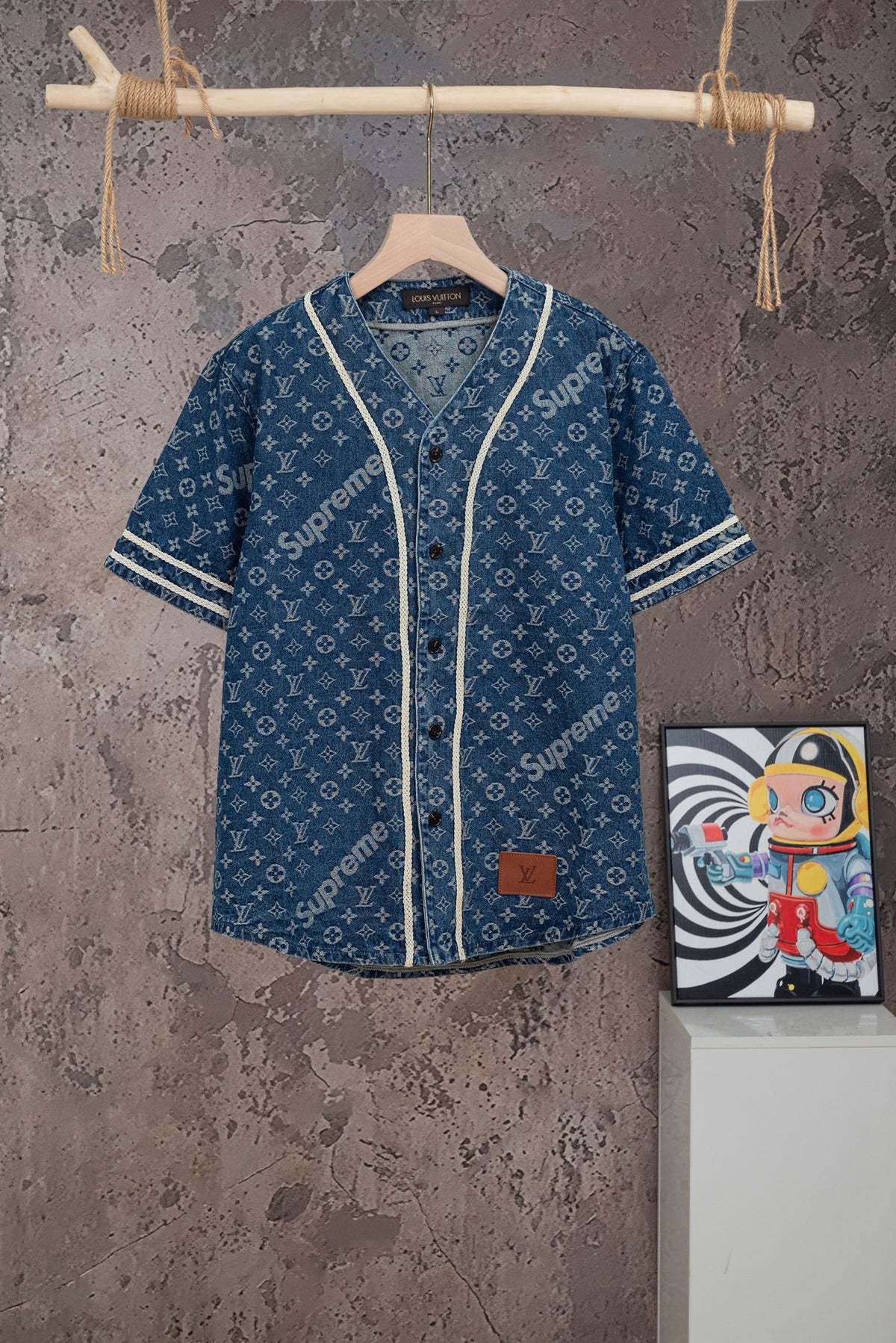 LV x Supreme Collab Short Sleeve Denim Baseball Shirt