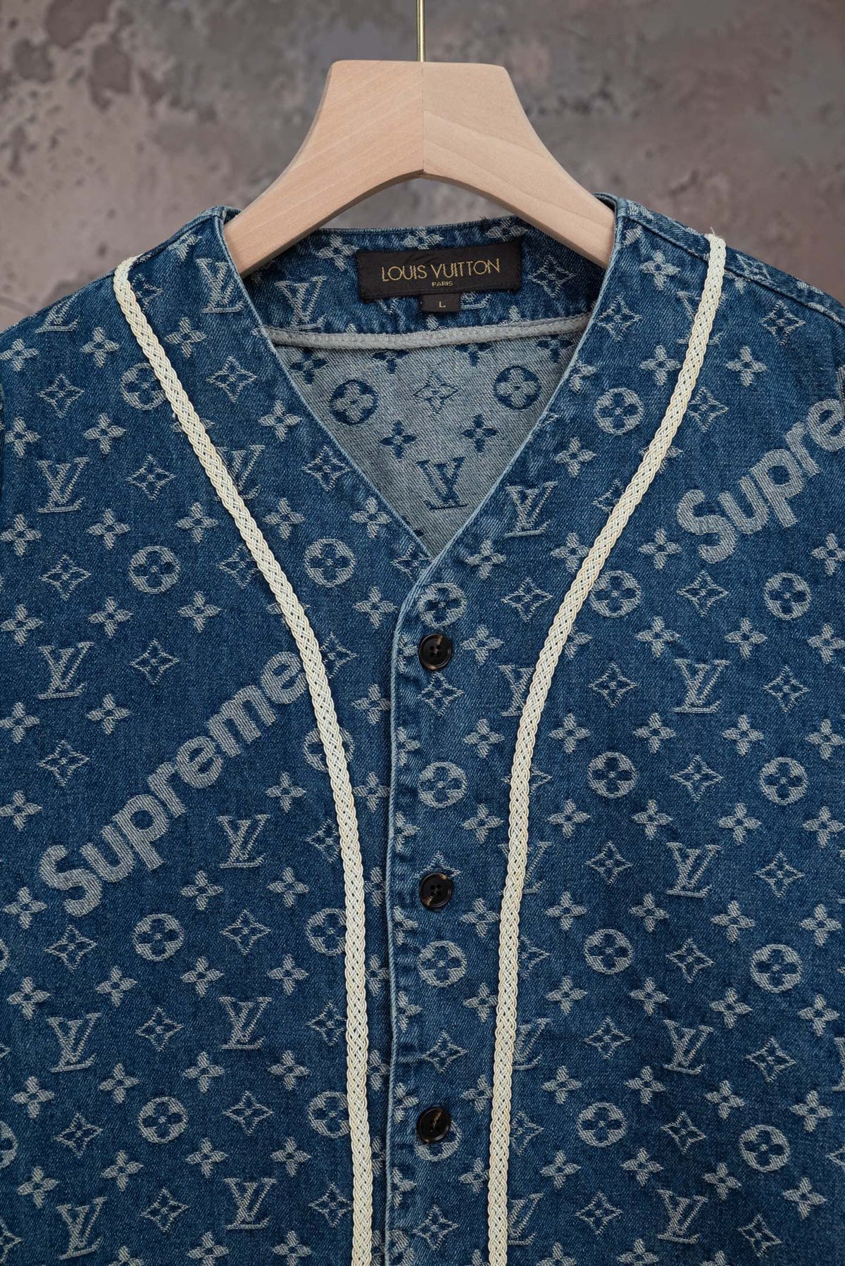 LV x Supreme Collab Short Sleeve Denim Baseball Shirt