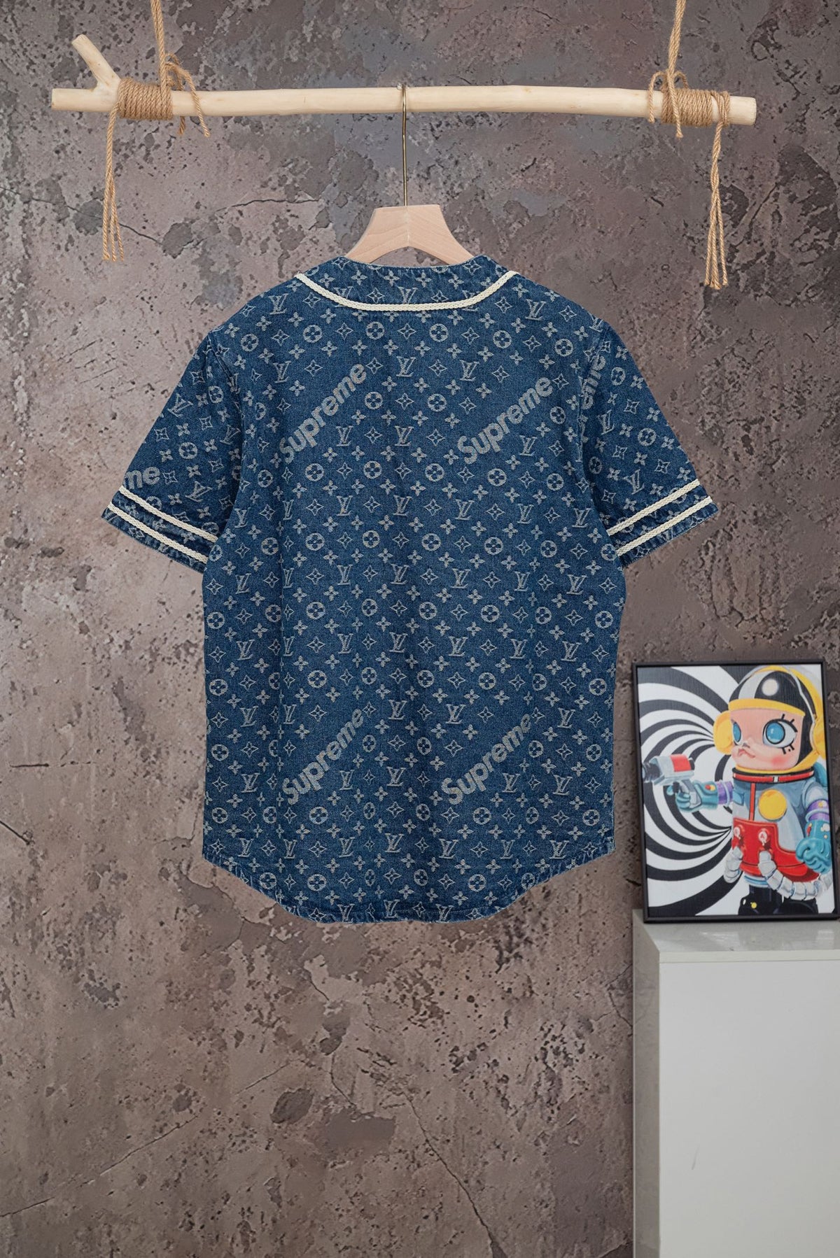 LV x Supreme Collab Short Sleeve Denim Baseball Shirt