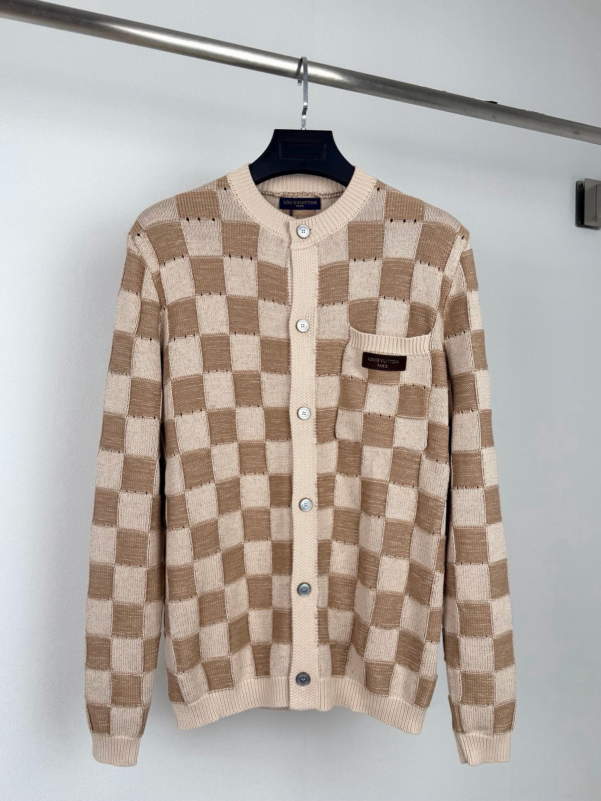LV Damier Leather Crew Neck Button-Up Cardigan Sweater