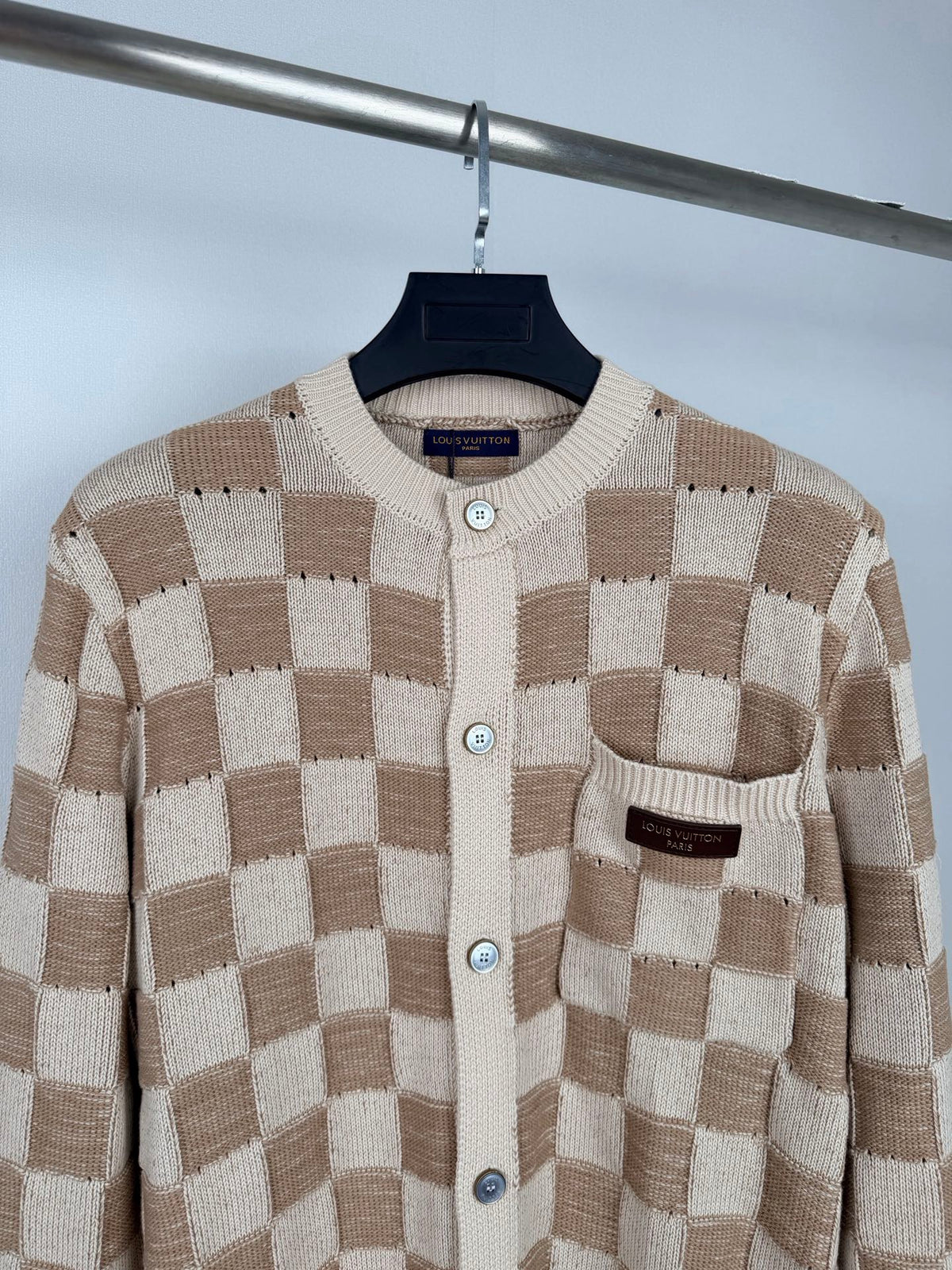 LV Damier Leather Crew Neck Button-Up Cardigan Sweater