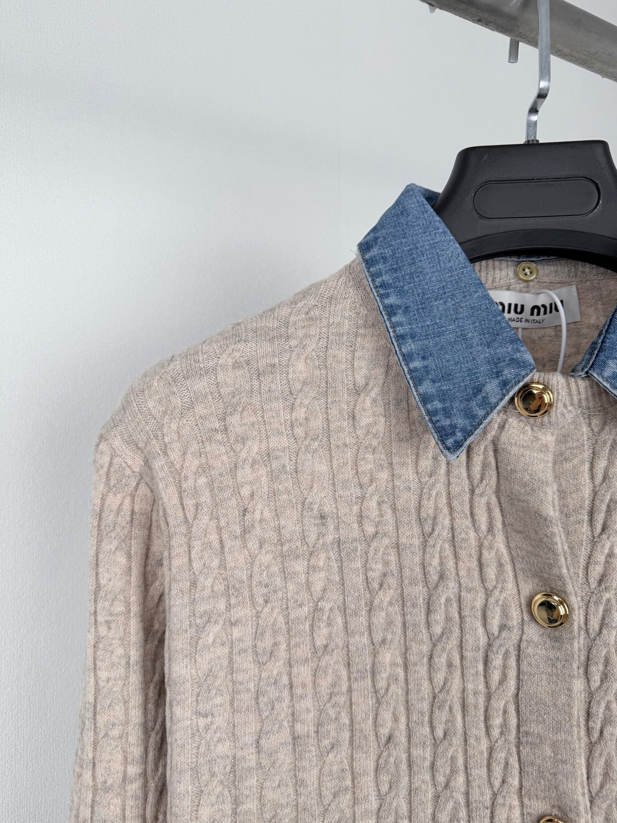 MIU MIU Letter Jacquard Logo Denim Collar Knit Sweater Women's