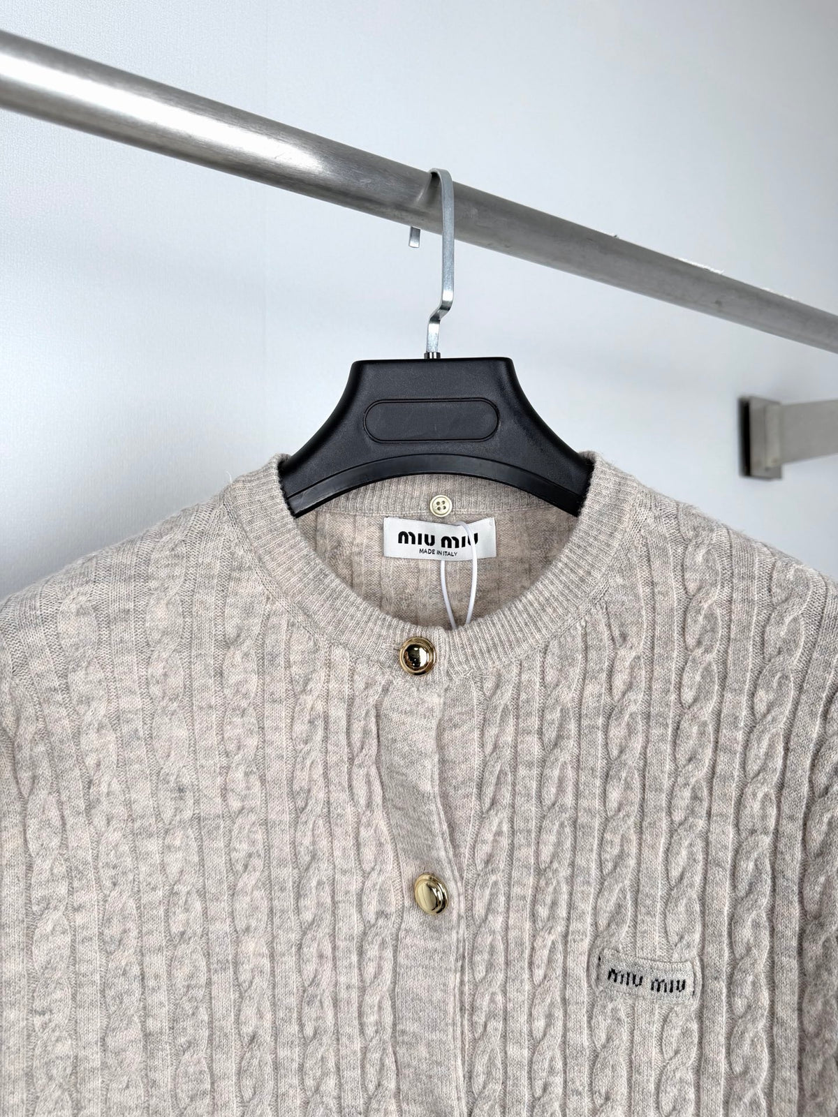 MIU MIU Letter Jacquard Logo Denim Collar Knit Sweater Women's