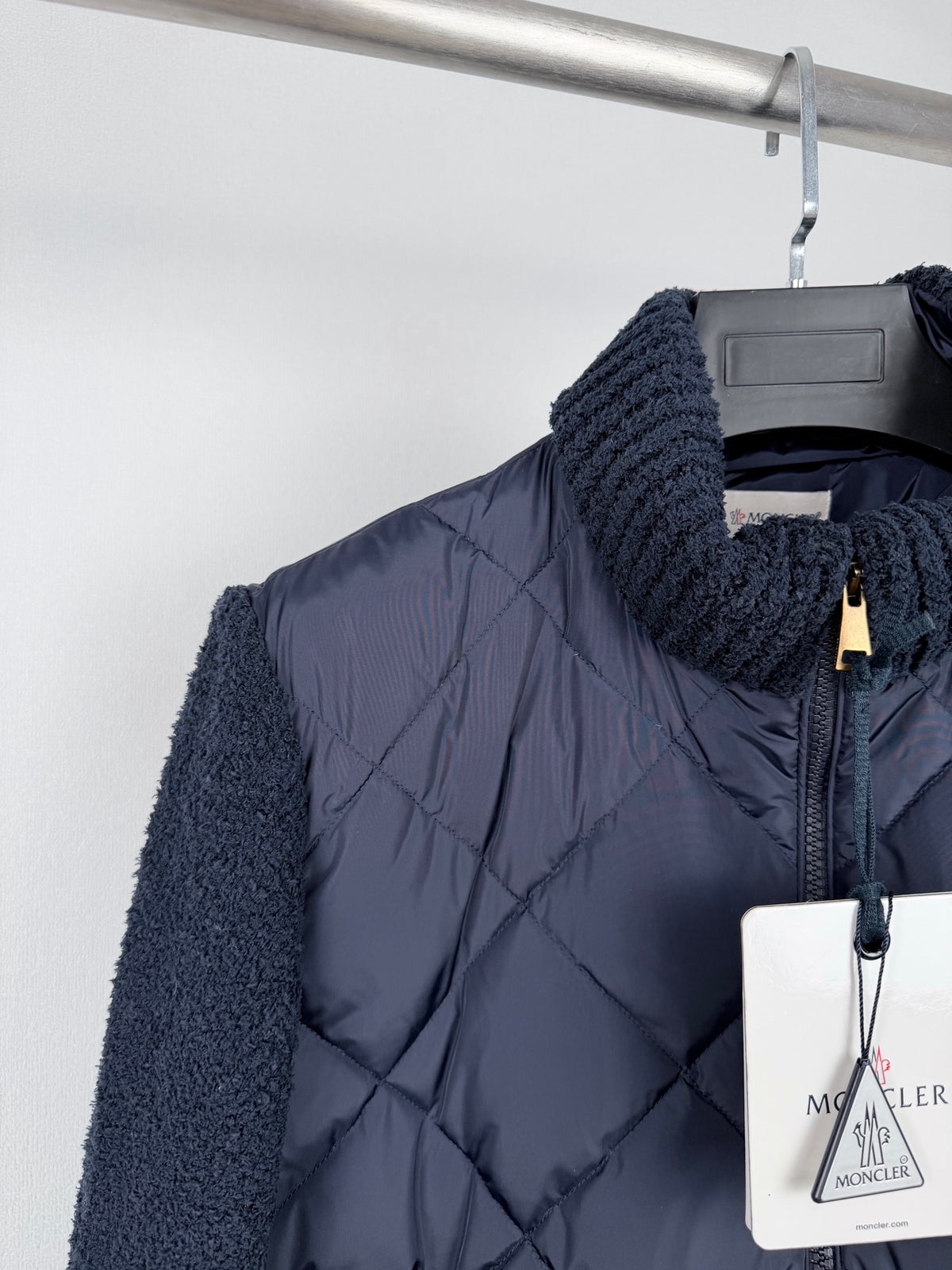 Moncler Diamond Quilted Knit Stand Collar Patchwork Down Jacket - Women's
