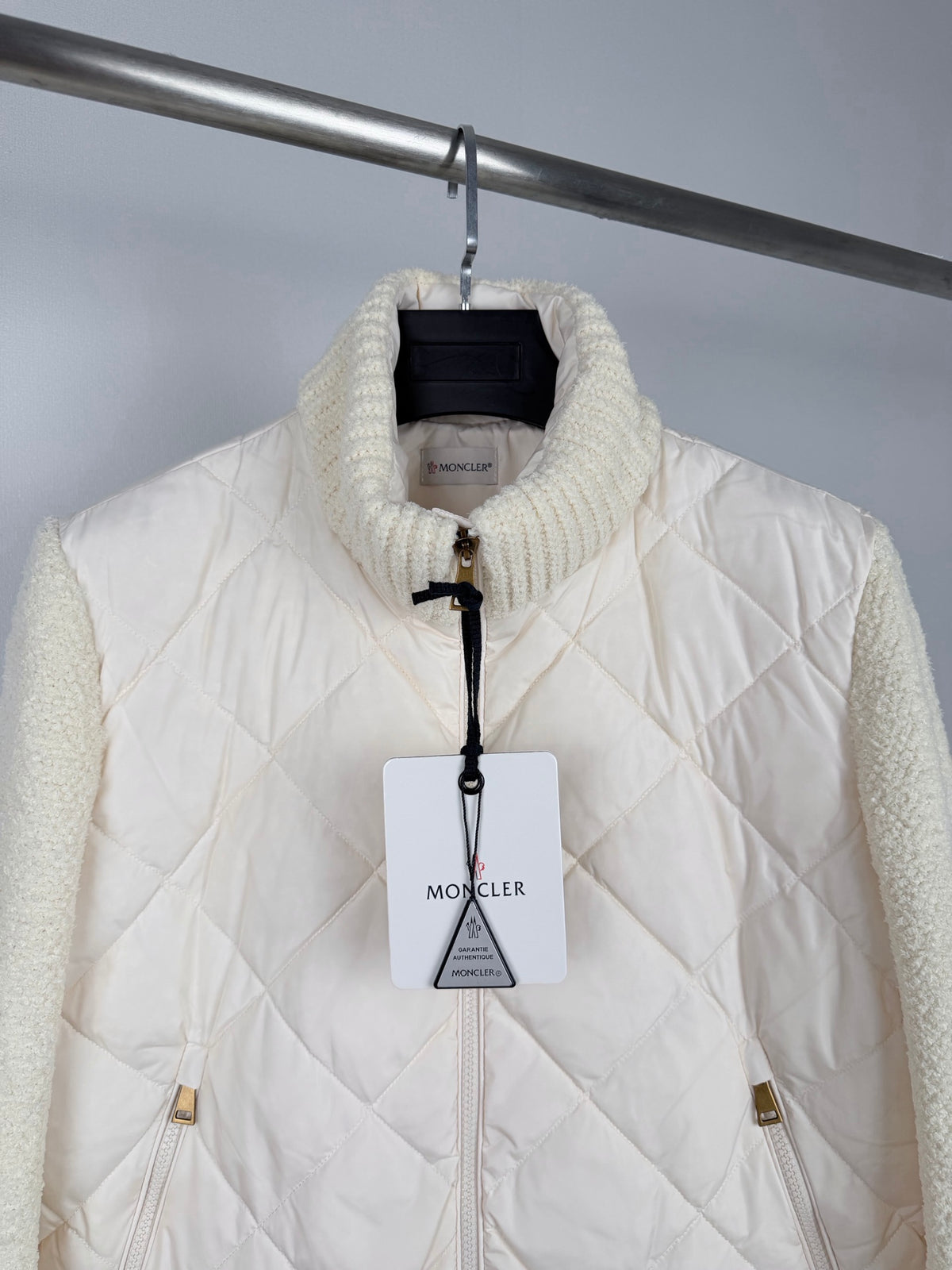 Moncler Diamond Quilted Knit Stand Collar Patchwork Down Jacket - Women's