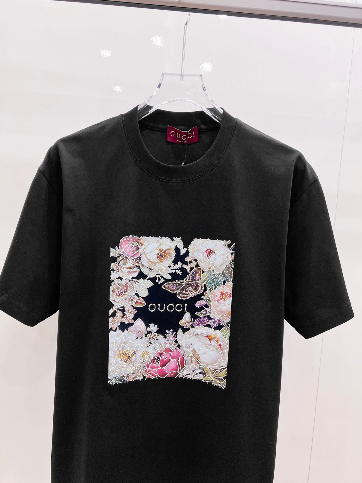 Gucci Floral Print Rhinestone T-Shirt