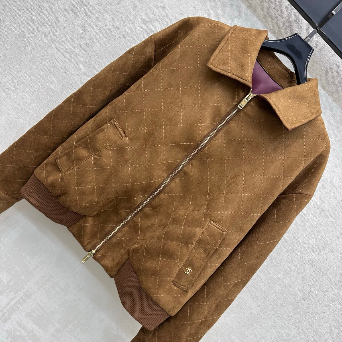 Chanel Suede Diamond Grid Jacket W/ Skirt Set