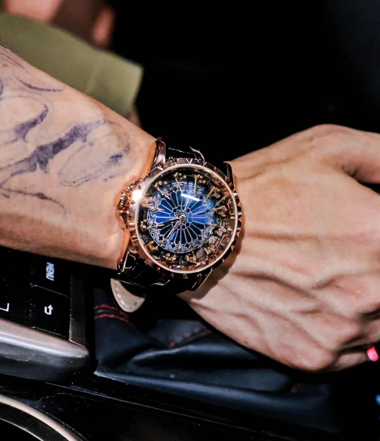 Luxury Black and Gold Watch with Blue Dial