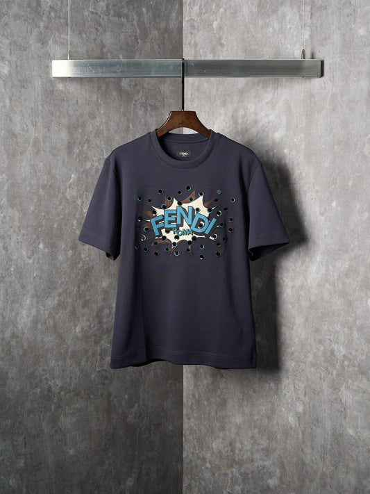 Fendi Dark Blue Explosion Pattern Cotton Crew Neck Short Sleeve T-Shirt