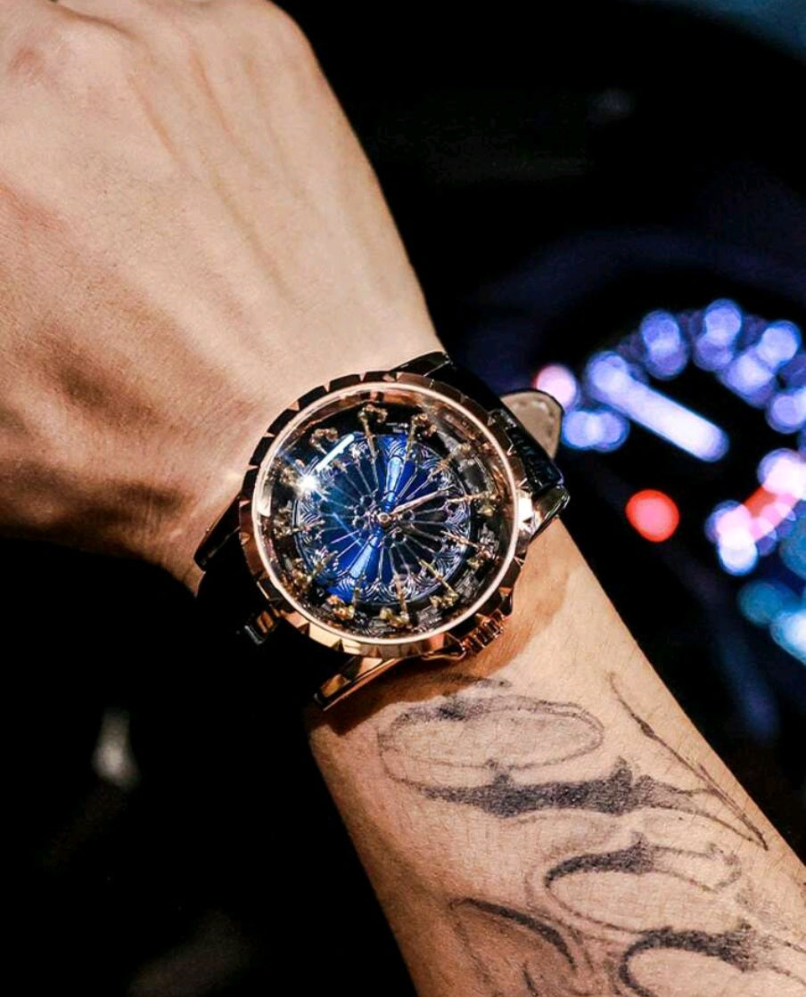 Luxury Black and Gold Watch with Blue Dial
