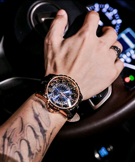 Luxury Black and Gold Watch with Blue Dial