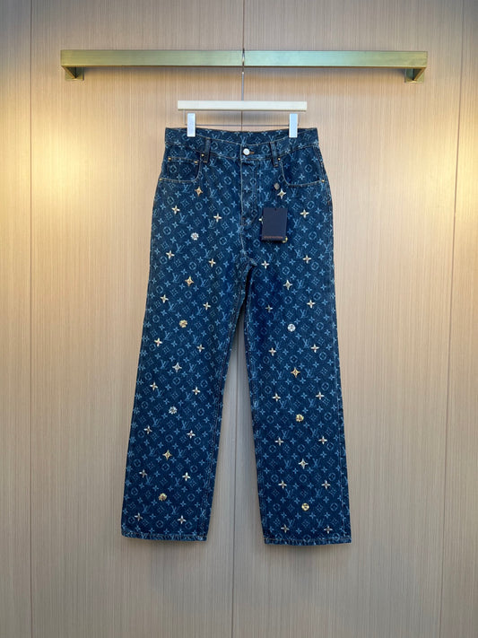 LV Jacquard Cone Chrysanthemum Embroidered Skateboard Jeans