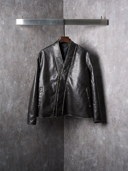 LV/Louis Vuitton Four-Corner V-Neck Diagonal Zipper Distressed Leather Jacket
