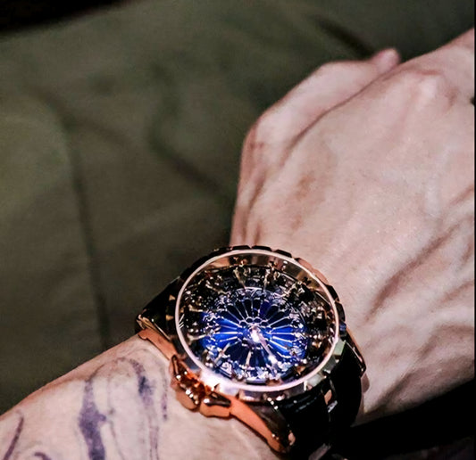 Luxury Black and Gold Watch with Blue Dial