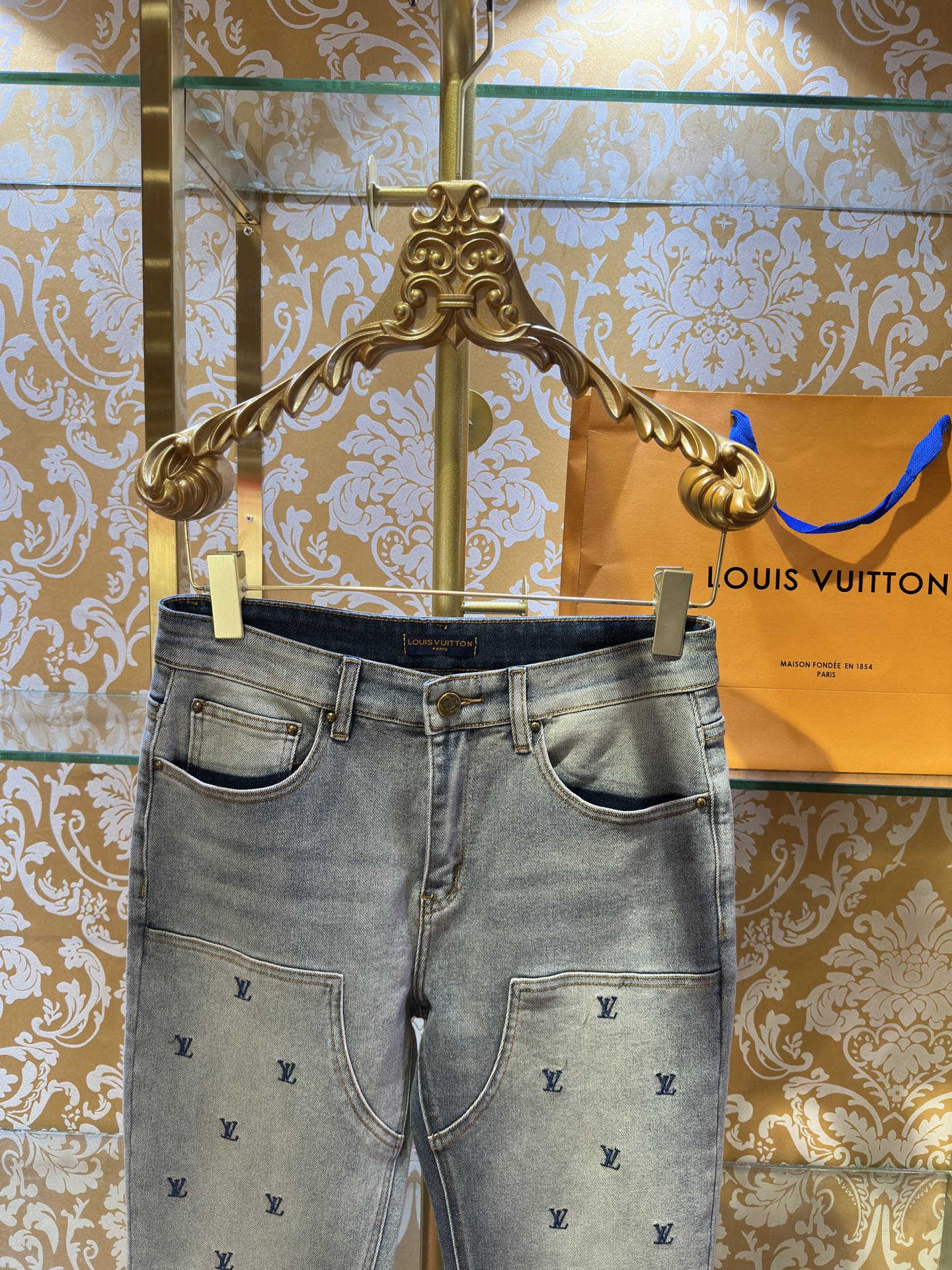 LV Embroidered Slim fit Straight-Leg Jeans
