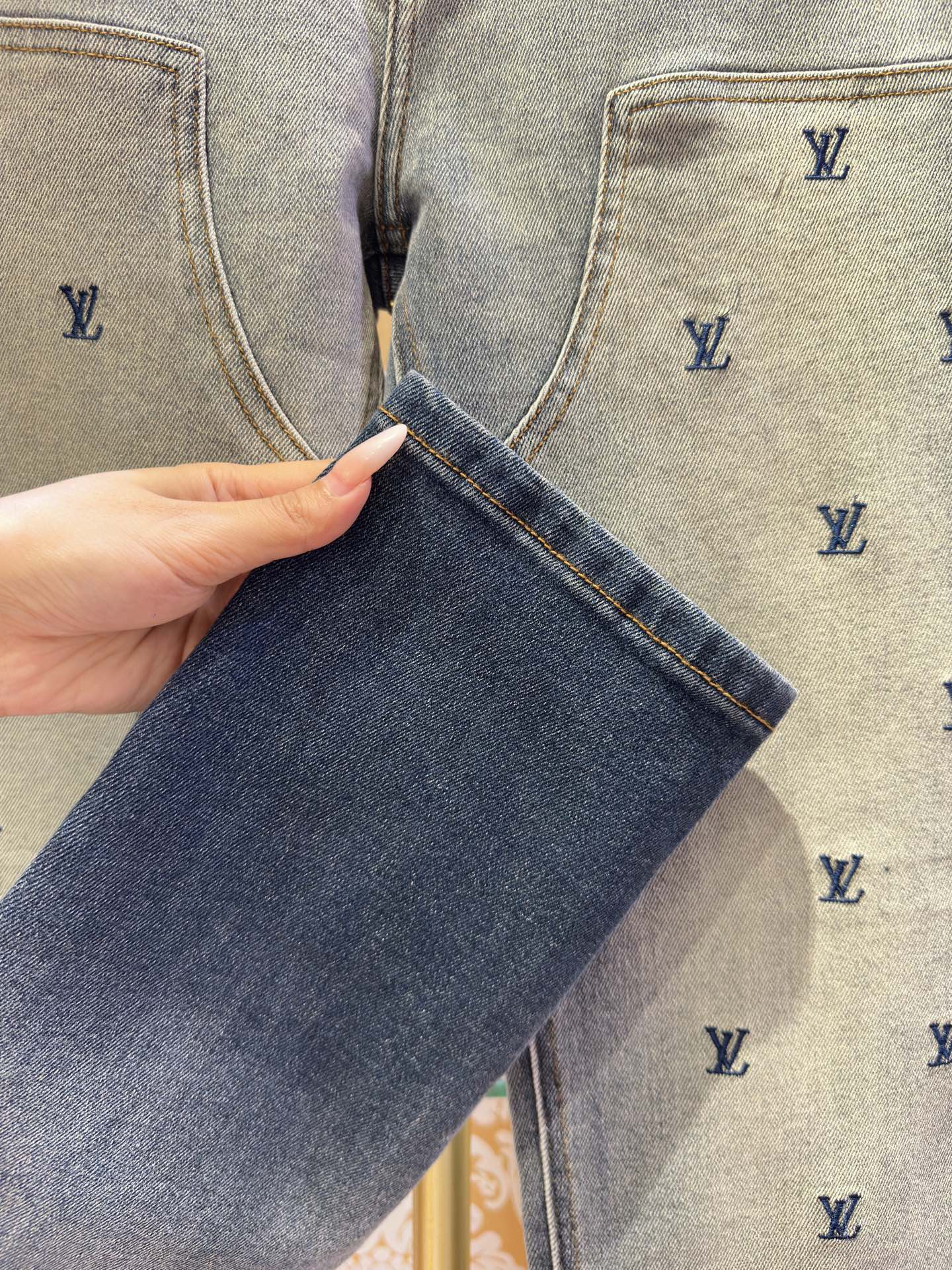 LV Embroidered Slim fit Straight-Leg Jeans