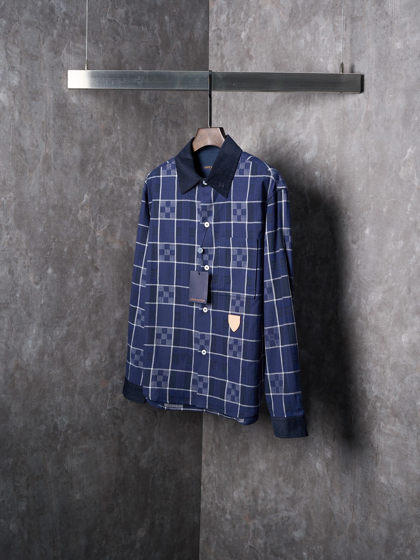 1V Flannel Collar Embroidered Logo Blue Check Lapel Long Sleeve Shirt