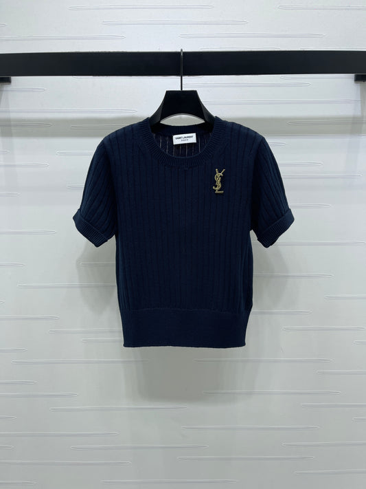 YS Vertical Ribbed Crew Neck Knit Short Sleeve