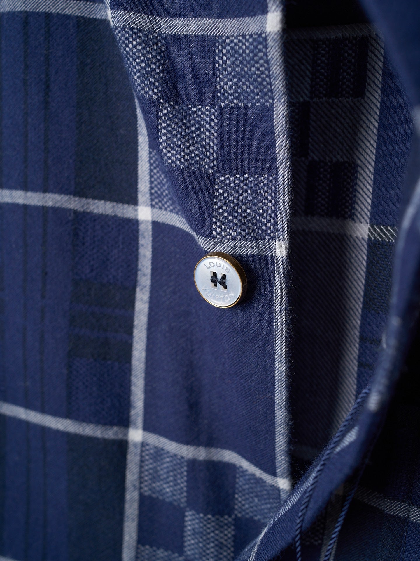 1V Flannel Collar Embroidered Logo Blue Check Lapel Long Sleeve Shirt